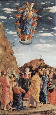 Christus in der Mandorla, von Engeln getragen. Tempera auf Holz von Andrea Mantegna (um 1461)