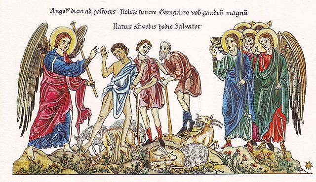 Hortus Deliciarum, Die Engel verkünden den Hirten die Geburt Christi, circa 1180
