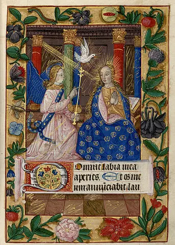 Blatt aus den Heures de Notre-Dame de Pitié, 15. Jahrhundert. Unter der Darstellung der Verkündung der Vers Herr, öffne meine Lippen, mit dem das Stundengebet eines jeden Tages eröffnet wird.