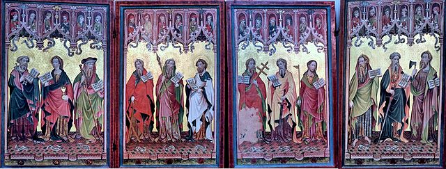 Die zwölf Apostel, jeder mit dem ihm im Mittelalter zugeschriebenen Abschnitt des Apostolikums (Göttinger Barfüßeraltar, 1424)