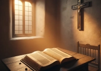 Das Bild, versucht den Geist von Martin Luthers Abendsegen einzufangen. Es zeigt eine aufgeschlagene Bibel auf einem Holztisch und ein einzelnes Kreuz an der Wand, beleuchtet durch das warme Abendlicht, das eine ruhige und nachdenkliche Atmosphäre schafft.