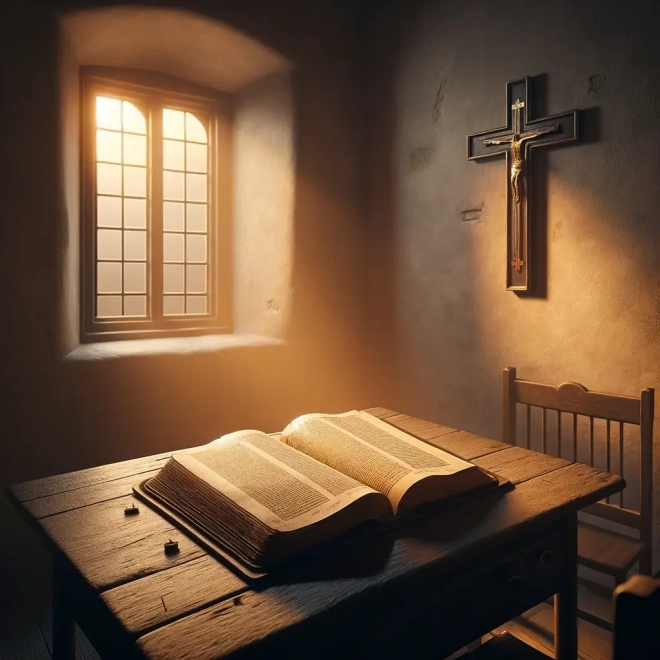 Das Bild, versucht den Geist von Martin Luthers Abendsegen einzufangen. Es zeigt eine aufgeschlagene Bibel auf einem Holztisch und ein einzelnes Kreuz an der Wand, beleuchtet durch das warme Abendlicht, das eine ruhige und nachdenkliche Atmosphäre schafft.