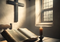 Das Bild, das die Essenz von Martin Luthers Morgensegen ohne menschliche Figur widerspiegelt, wurde erstellt. Es zeigt eine aufgeschlagene Bibel auf einem Holztisch und ein Kreuz an der Wand, während Morgenlicht durch das Fenster strömt und eine ruhige, besinnliche Atmosphäre schafft.