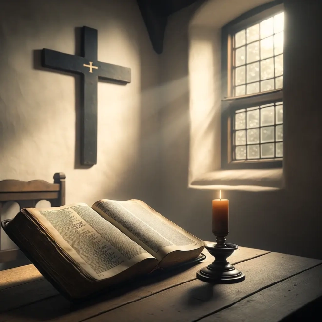 Das Bild, das die Essenz von Martin Luthers Morgensegen ohne menschliche Figur widerspiegelt, wurde erstellt. Es zeigt eine aufgeschlagene Bibel auf einem Holztisch und ein Kreuz an der Wand, während Morgenlicht durch das Fenster strömt und eine ruhige, besinnliche Atmosphäre schafft.