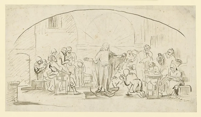 Rembrandt - Entwurf - Der auferstandene Christus erscheint den Jüngern, KdZ 1585